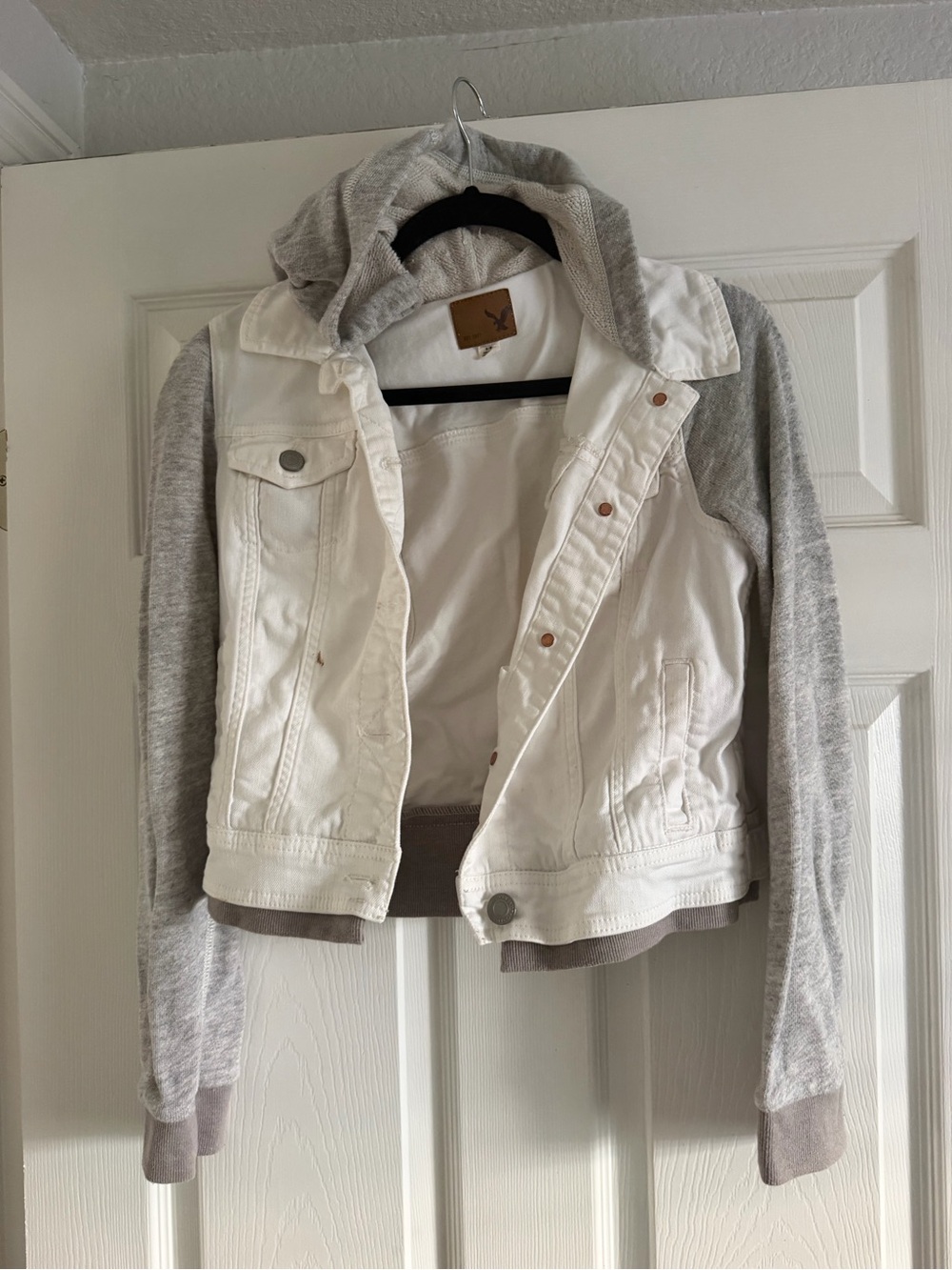 American Eagle Outfitters White Denim Jacket with Gray Hoodie & Sleeves